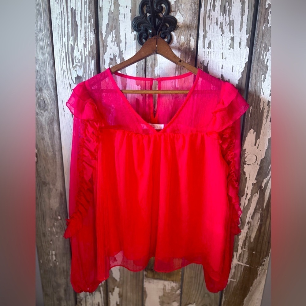 Karlie Salsa Chiffon Top Red/ Orange Ruffle Sleeve V Neck Size Small